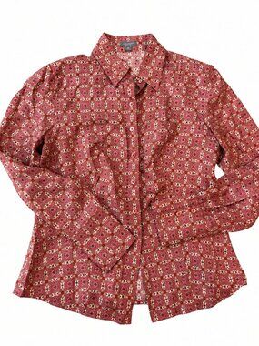 Ann Taylor Silk Pink Geometric Print  Long Sleeve Blouse Size Med. Petite